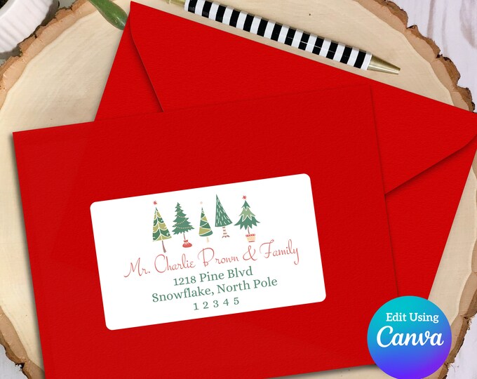 Editable Christmas Address Label Template for Canva | Modern Trees