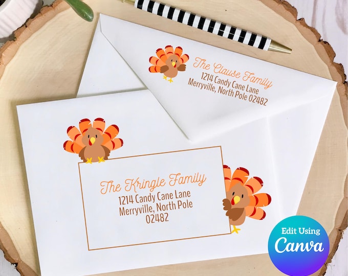 Thanksgiving Digital Envelope Template for Canva | Cartoon Turkey