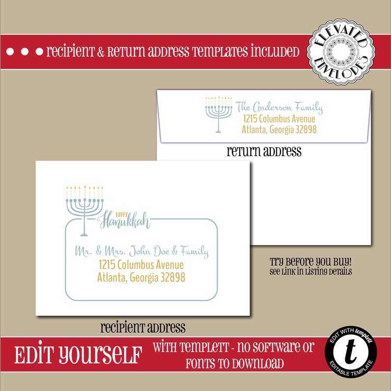 Return Address Envelope Addressing Hanukkah Envelope ADDRESSING Templett EDITABLE Christmas ENVELOPE Template Menorah