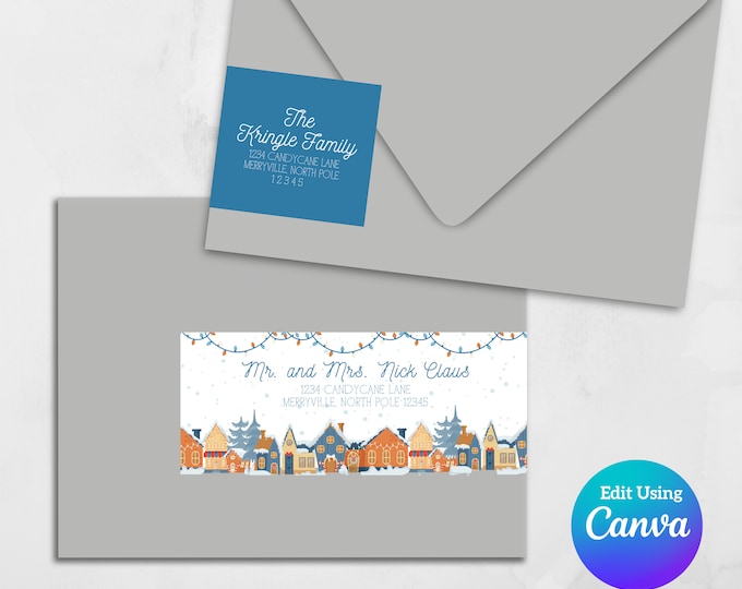 Printable Wrap Around Address Label Template  for Canva | Christmas Village