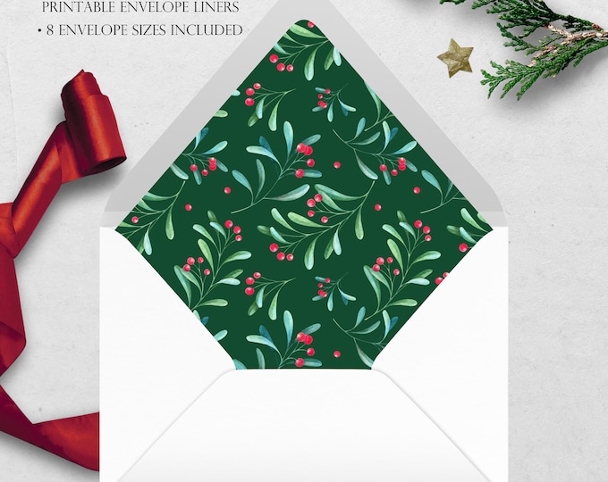 Christmas Holly Printable Envelope Liner | 8 Envelope Sizes: A7, Euro Flap, Square Flap, 6.5 Square, A6, 5.75 Square, 4 Bar | Easy PDF File