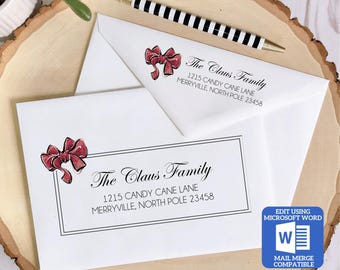 Printable Christmas Envelope Template | Red Bow Design | Word Mail Merge Compatible | Recipient & Return Address | Editable in Word