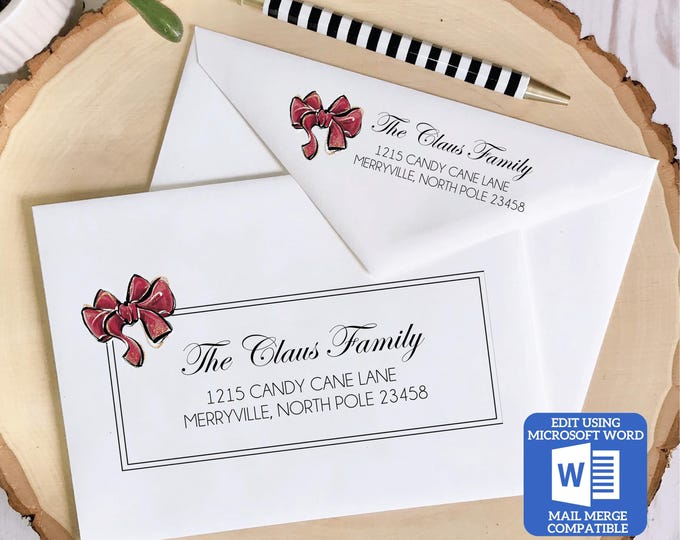 Printable Christmas Envelope Template | Red Bow Design | Word Mail Merge Compatible | Recipient & Return Address | Editable in Word