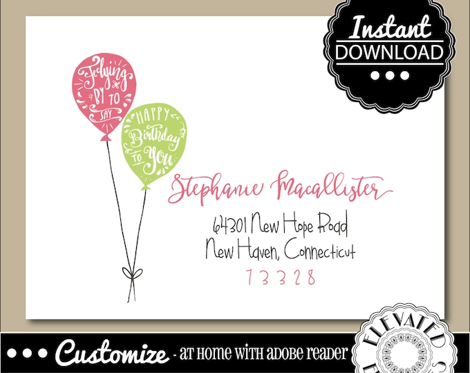 EDITABLE Birthday ENVELOPE Template,Birthday Envelope ADDRESSING,Birthday,Balloons,Recipient Addressing,Envelope Addressing,Instant Download