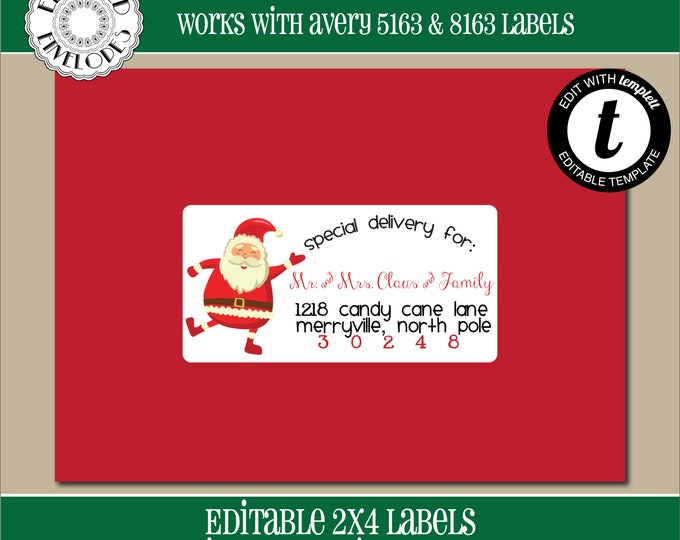 EDITABLE Christmas ADDRESS LABEL Template, Envelope Addressing, Christmas, Santa, Recipient Addressing, 2x4, Address Labels, Editable, CH018