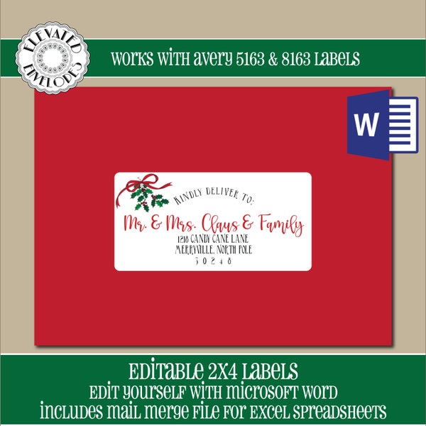 EDITABLE Christmas ADDRESS LABEL Template,2x4 Address Label, Addressing,Christmas,Word,Mail Merge,Instant Download, Template