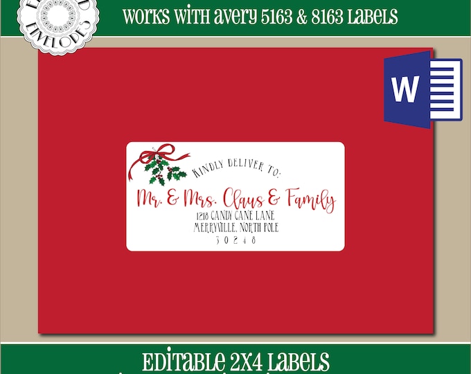 EDITABLE Christmas ADDRESS LABEL Template,2x4 Address Label, Addressing,Christmas,Word,Mail Merge,Instant Download, Template