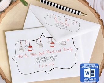 Printable Christmas Envelope Template | Ornaments Design | Word Mail Merge Compatible | Recipient & Return Address | Editable in Word