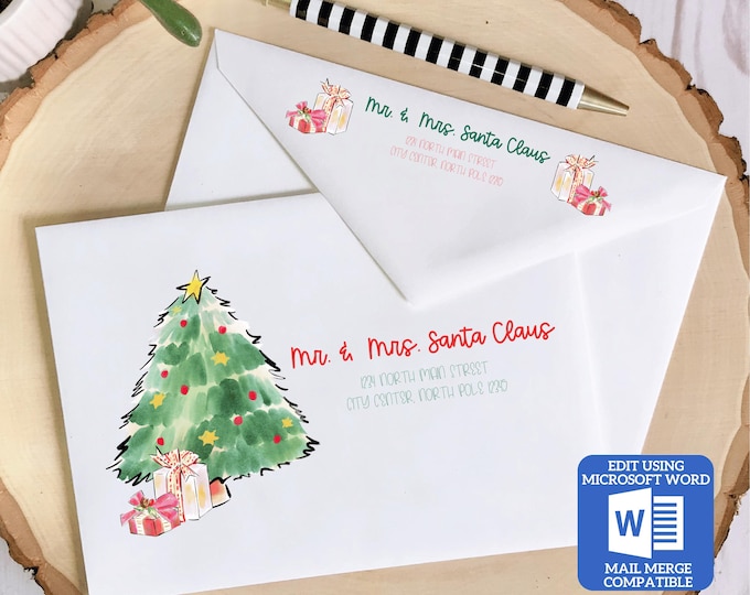 Printable Christmas Envelope Template | Christmas Tree Design | Word Mail Merge Compatible | Recipient & Return Address | Editable in Word