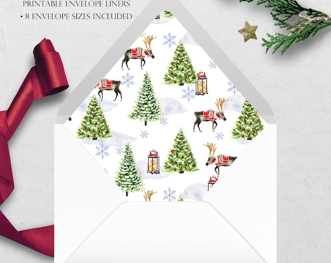 Winter Reindeer Printable Envelope Liner | 8 Envelope Sizes: A7, Euro Flap, Square Flap, 6.5 Square, A6, 5.75 Square, 4 Bar | Easy PDF File