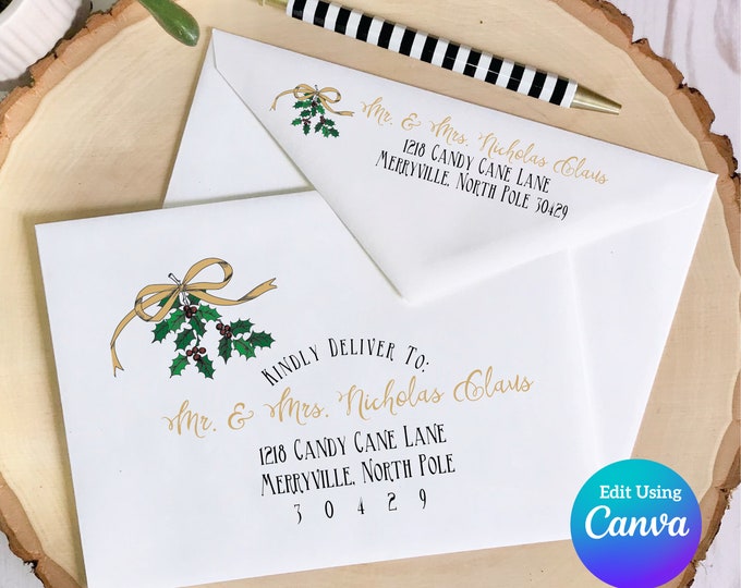 Christmas Digital Envelope Template for Canva | Gold Holly