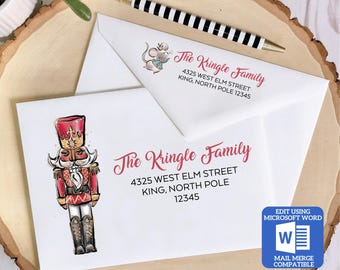 Printable Christmas Envelope Template | Nutcracker Design | Word Mail Merge Compatible | Recipient & Return Address | Editable in Word