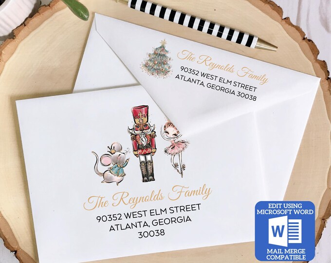 Printable Christmas Envelope Template | Nutcracker Design | Word Mail Merge Compatible | Recipient & Return Address | Editable in Word