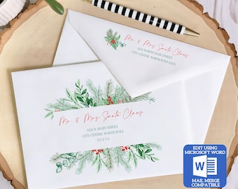 Printable Christmas Envelope Template | Christmas Holly Design | Word Mail Merge Compatible | Recipient & Return Address | Editable in Word