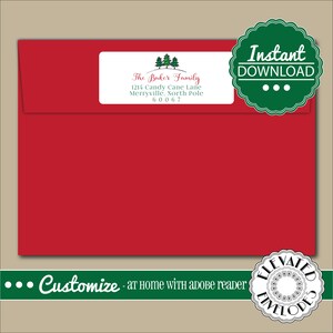 May include: Red envelope with a white label that says "The Baker Family" with a green Christmas tree design. The address is 1214 Candy Cane Lane, Merryville, North Pole 60067. The label has a green border. The envelope has a green circle with the text "Instant Download" in white.