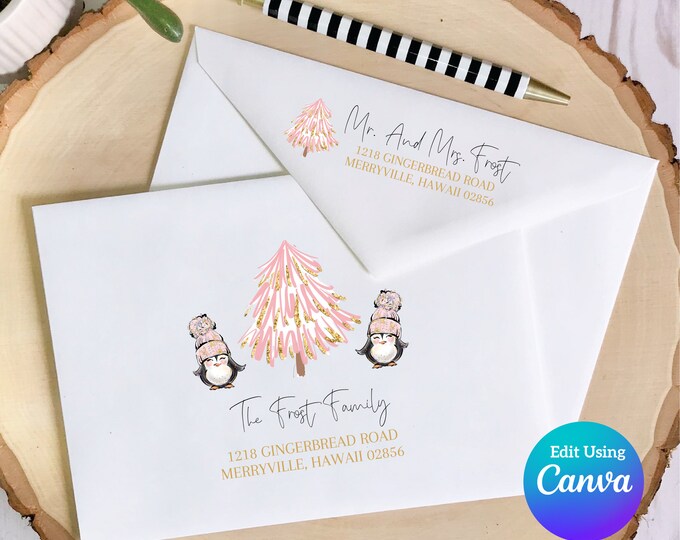 Christmas Digital Envelope Template for Canva | Cozy Penguins