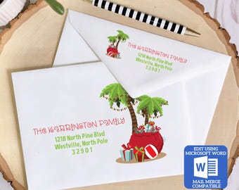 Printable Christmas Envelope Template | Palm Tree Design | Word Mail Merge Compatible | Recipient & Return Address | Editable in Word