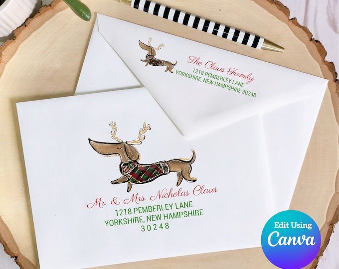 Christmas Digital Envelope Template for Canva | Christmas Dachshund
