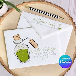 Plantilla de sobre digital de Halloween para Canva / Botella de veneno / Tamaño A7 / Incluye plantilla de dirección de remitente / Ideal para tarjetas de Halloween hechas a mano