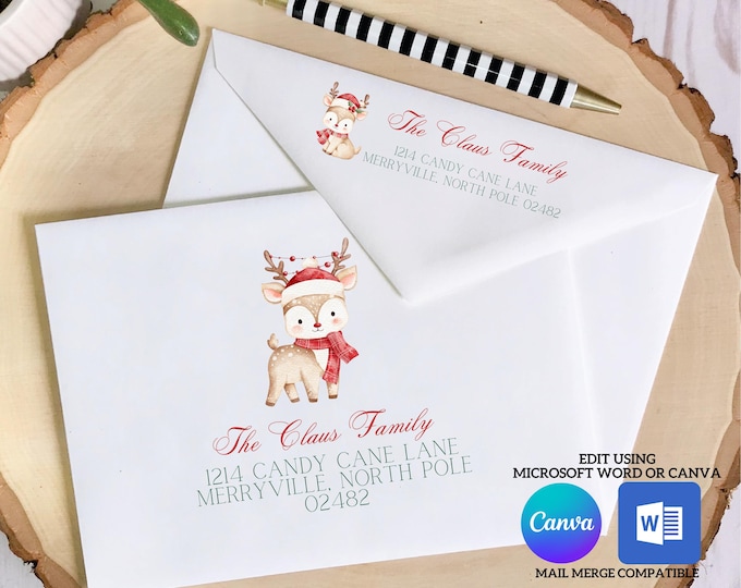 Christmas Digital Envelope Template for Canva | Cute Deer