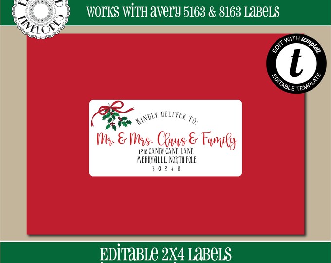 EDITABLE Christmas ADDRESS LABEL Template, Envelope Addressing, Christmas, Holly, Recipient Addressing, 2x4, Address Labels, Editable, CH003