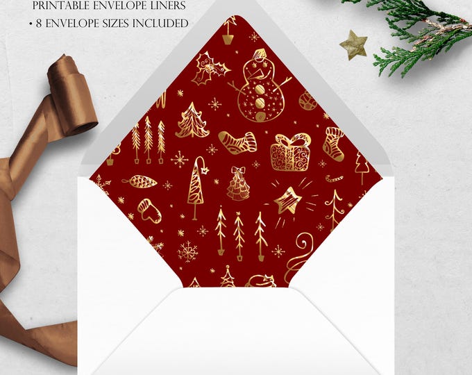 Christmas Doodle Printable Envelope Liner | 8 Envelope Sizes: A7, Euro Flap, Square Flap, 6.5 Square, A6, 5.75 Square, 4 Bar | Easy PDF File