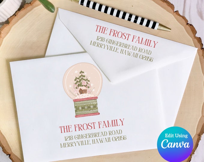 Christmas Digital Envelope Template for Canva | Pink Snowglobe