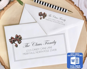 Printable Christmas Envelope Template | Plaid Bow Design | Word Mail Merge Compatible | Recipient & Return Address | Editable in Word