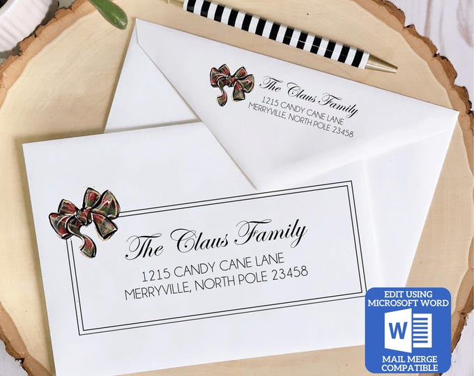 Printable Christmas Envelope Template | Plaid Bow Design | Word Mail Merge Compatible | Recipient & Return Address | Editable in Word