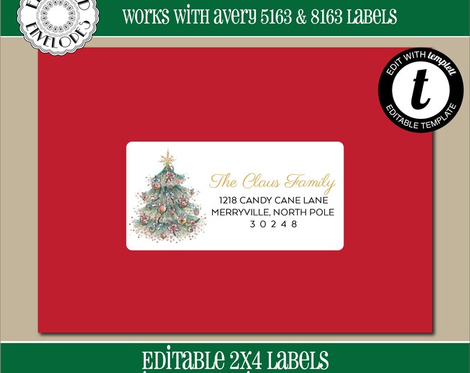 EDITABLE Christmas ADDRESS LABEL Template, Envelope Addressing, Christmas, Tree, Recipient Addressing, 2x4, Address Labels, Editable, CH002
