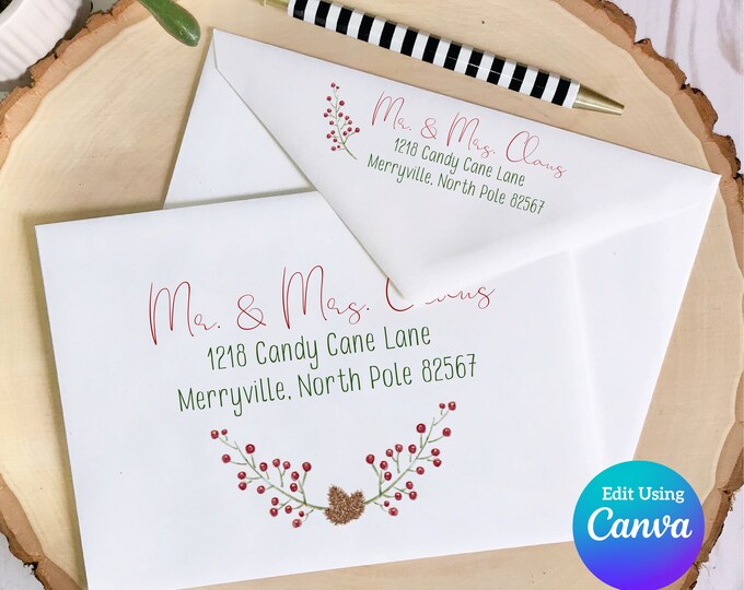 Christmas Digital Envelope Template for Canva | Red Berries