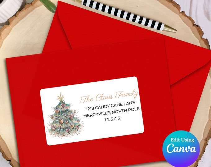 Editable Christmas Address Label Template for Canva | Glittery Tree