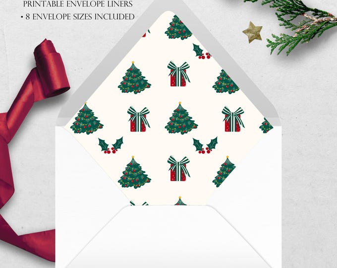 Christmas Trees Printable Envelope Liner | 8 Envelope Sizes: A7, Euro Flap, Square Flap, 6.5 Square, A6, 5.75 Square, 4 Bar | Easy PDF File