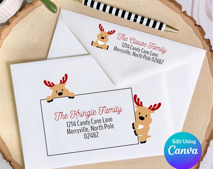 Christmas Digital Envelope Template for Canva | Cartoon Reindeer