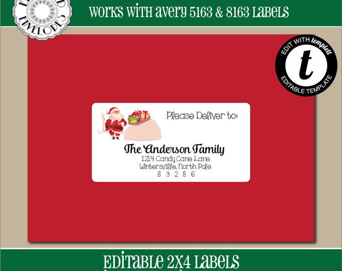 EDITABLE Christmas ADDRESS LABEL Template, Envelope Addressing, Christmas, Santa, 2x4, Recipient Addressing, Address Labels, Editable, CH022