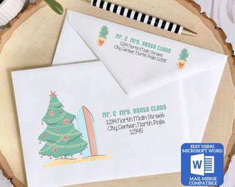 Printable Christmas Envelope Template | Hawaiian Holiday Design | Word Mail Merge Compatible | Recipient & Return Address | Editable in Word