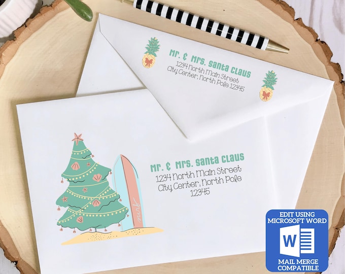 Printable Christmas Envelope Template | Hawaiian Holiday Design | Word Mail Merge Compatible | Recipient & Return Address | Editable in Word