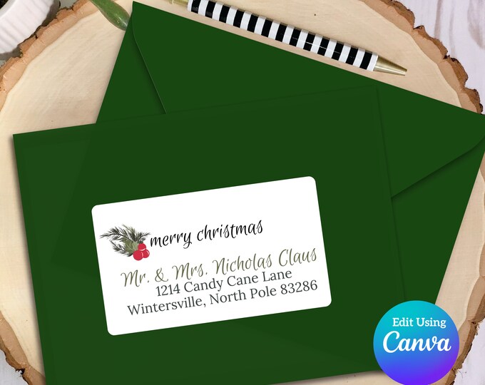 Editable Christmas Address Label Template for Canva | Pine Sprig