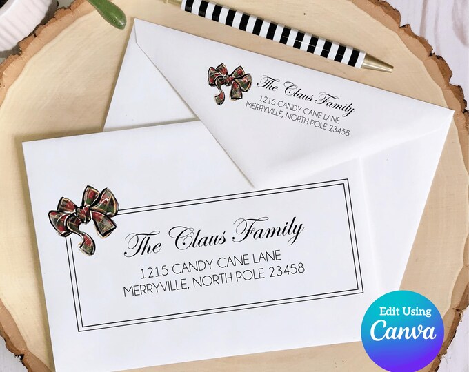 Christmas Digital Envelope Template for Canva | Simple Frame with Plaid Bow
