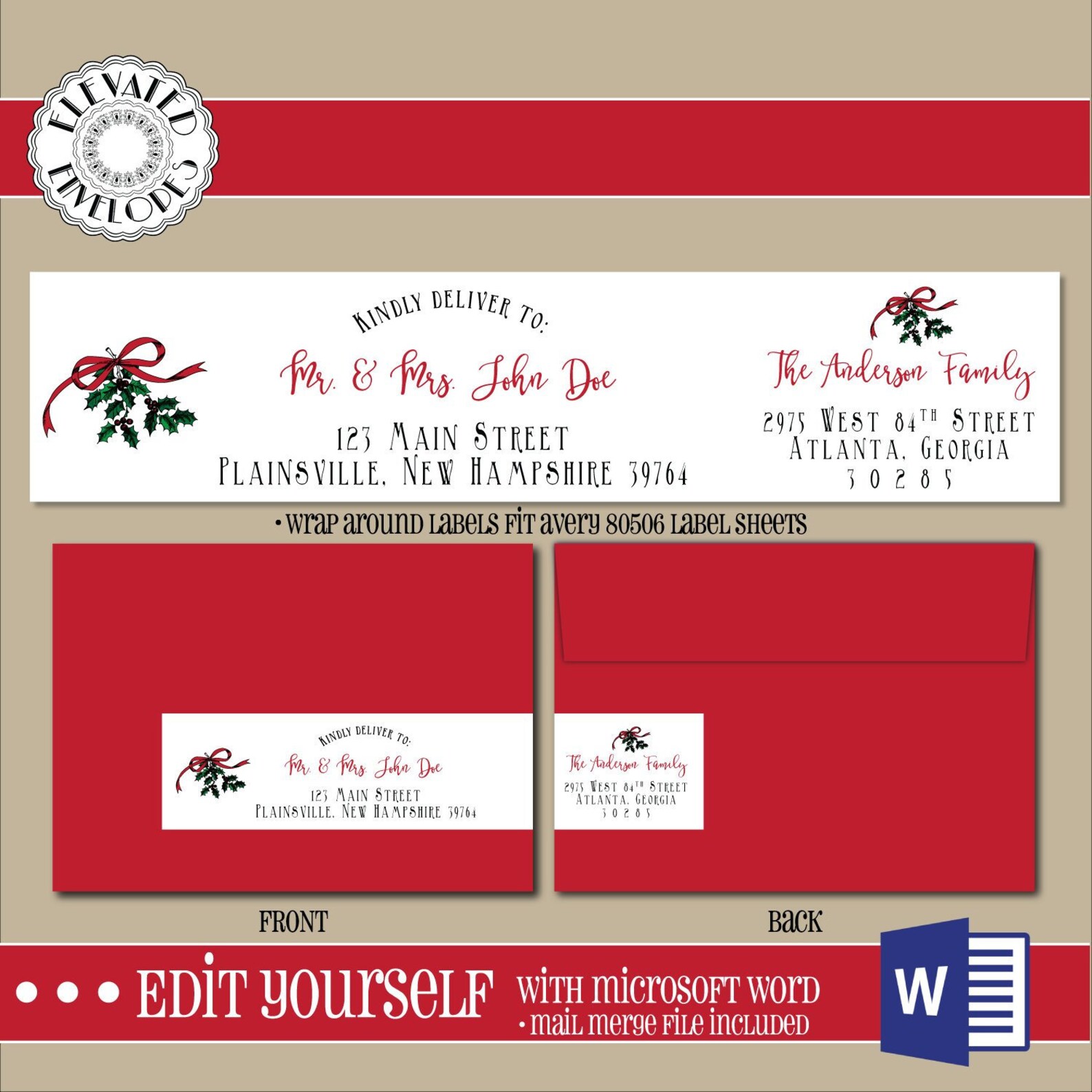 EDITABLE Christmas ADDRESS LABEL Template,wrap Around Label, Addressing