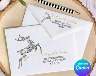 Christmas Digital Envelope Template for Canva | Doodle Reindeer Gold