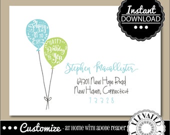 Editable Birthday Envelope Template for Adobe Reader | Blue Green Birthday Balloons