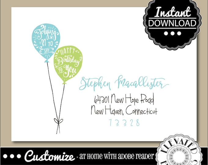Editable Birthday Envelope Template for Adobe Reader | Blue Green Birthday Balloons