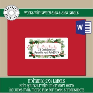 BEWERKBARE kerst ADRES LABEL sjabloon, 2x4 adreslabel, adressering, Kerstmis, Word, samenvoeging, Instant Download, sjabloon