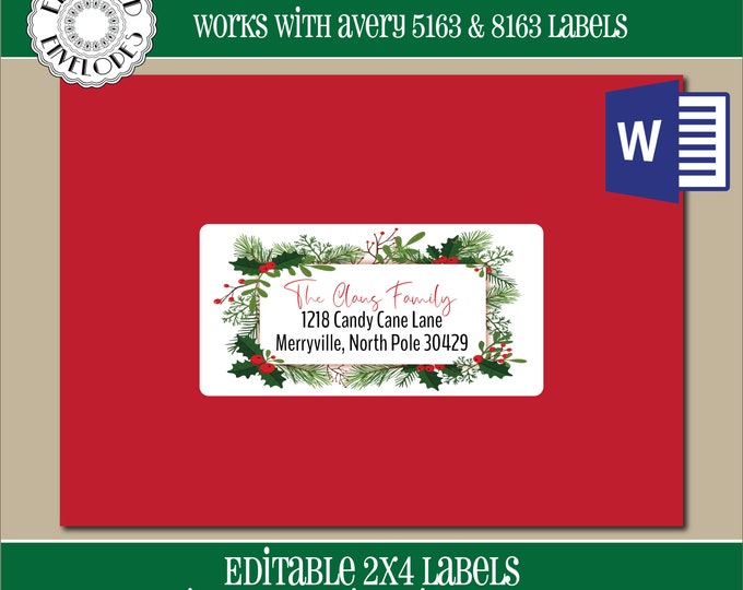 EDITABLE Christmas ADDRESS LABEL Template,2x4 Address Label, Addressing,Christmas,Word,Mail Merge,Instant Download, Template