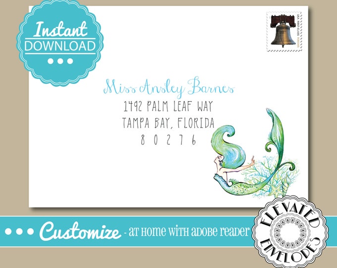 EDITABLE Mermaid ENVELOPE Template,ADDRESSING,Birthday,Mermaid,sea,ocean,Recipient Addressing,Envelope Addressing,Instant Download, Template