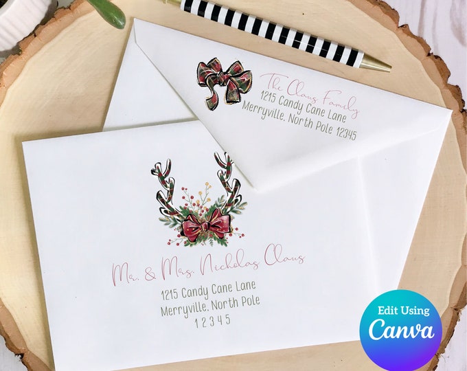 Christmas Digital Envelope Template for Canva | Plaid Antlers