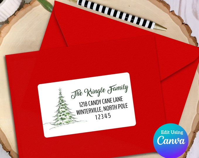 Editable Christmas Address Label Template for Canva | Green Tree
