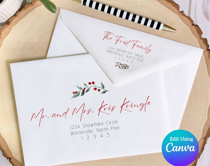 Christmas Digital Envelope Template for Canva | Christmas Berries