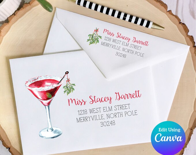 Christmas Digital Envelope Template for Canva | Martinis and Mistletoe